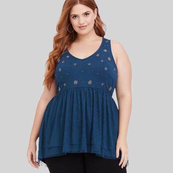 TORRID Teal Green Embellished Babydoll Top Coquette Double Mesh Beaded 2X - Picture 13 of 13